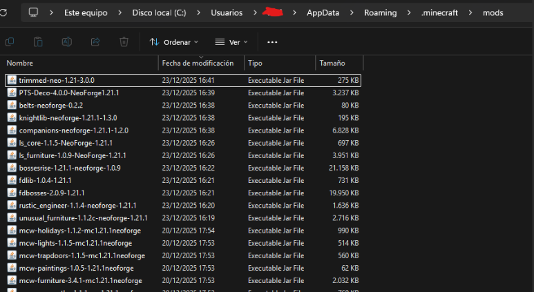 Captura de la carpeta mods en .minecraft