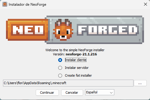 Captura del instalador de NeoForge